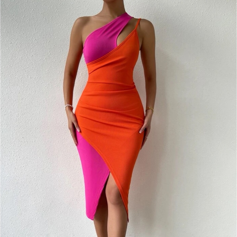 2 Tone One Shoulder Asymmetrical Bodycon Midi Ribbed Dress Orange Hot Pink